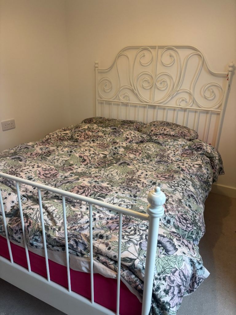 White Metal Bed Frame with Bed Base