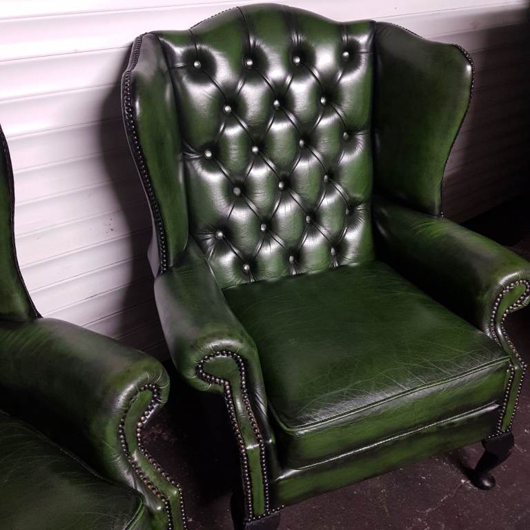 MATCHING Pair Green Leather QUEEN ANNE Chesterfield Wingback arm chairs -FAB