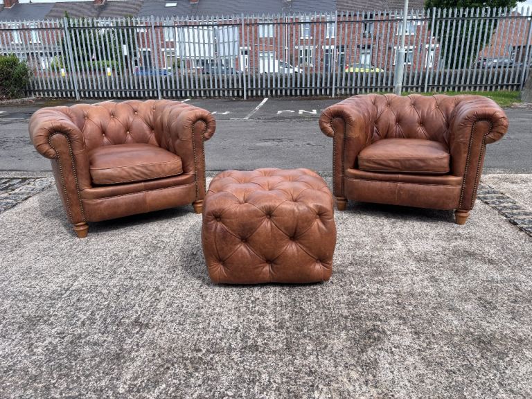Alexandra and James Abraham pair of tan chesterfield chairs and footstool ! 