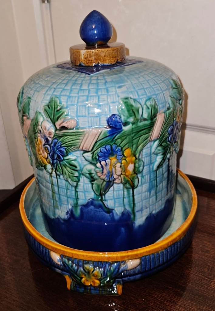 Majolica Cheese Bell Dome Dish Platter 2 PC Lidded Keeper vintage 