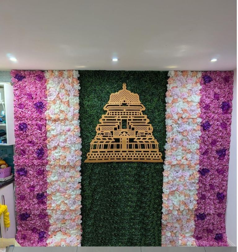 image for **Reduced** flowers backdrop - artificial rose /grass wall panel