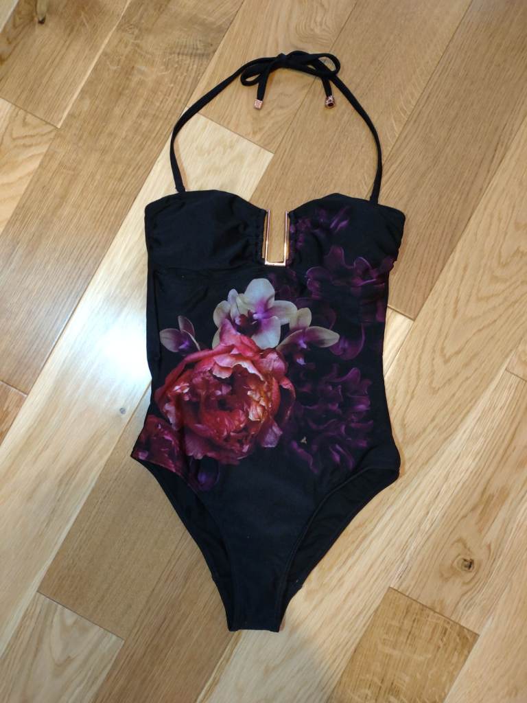 TED BAKER floral print U bar bandeau halter neck 1 piece bathing swimsuit size 1