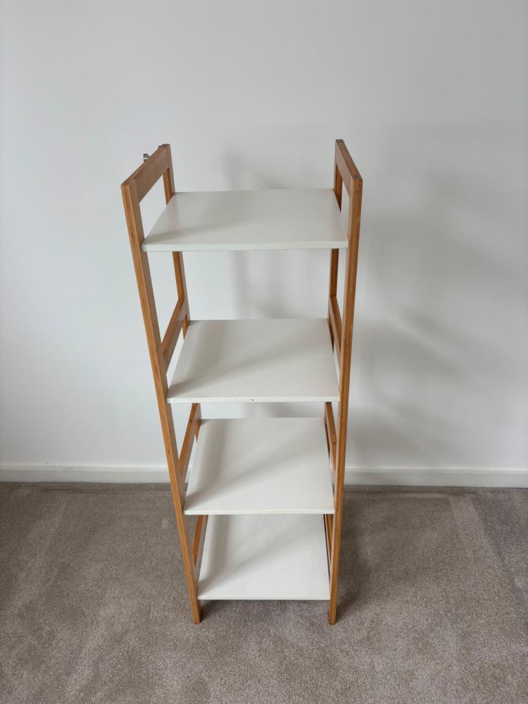 Two Modern White & Wood Freestanding Shelf Unit – Good Condition