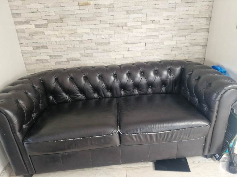 Black Leather Chesterfield Sofa – Fair Condition
