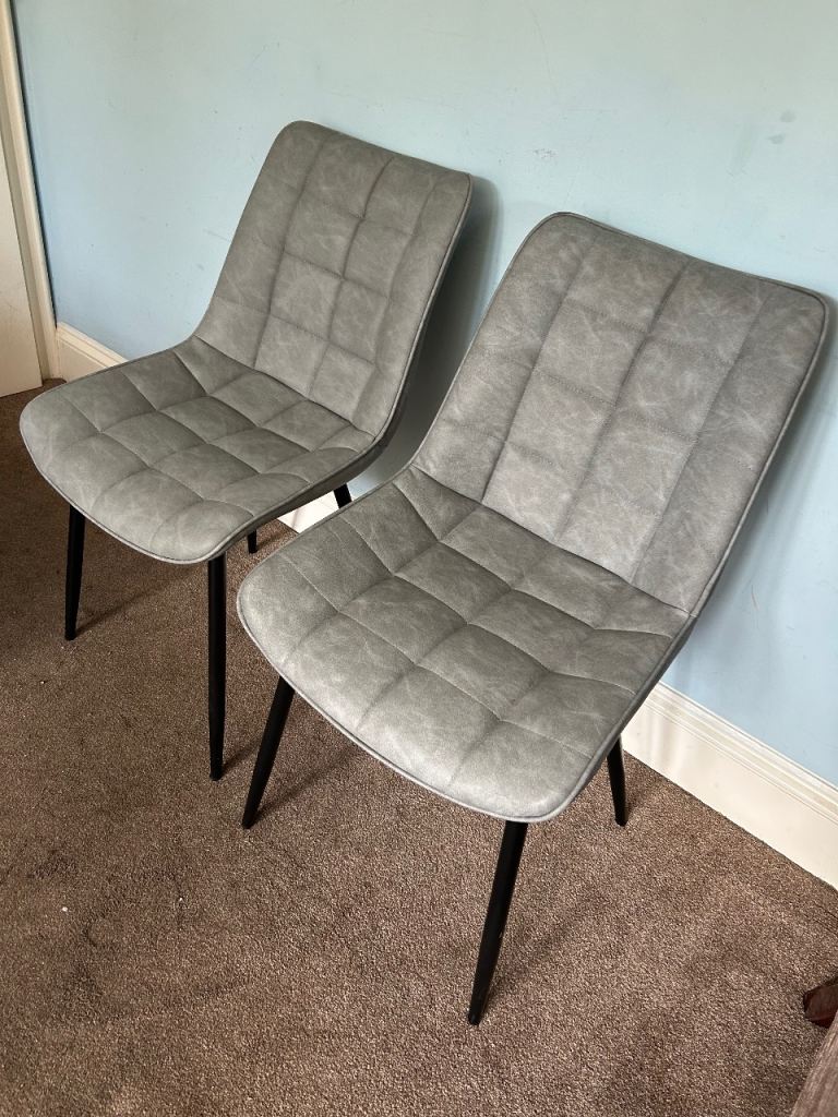 2 Vintage Grey Leatherette Chairs H33.5in/85cm H Seat 18in/46cm W18in/46cm D16in/40cm   R112
