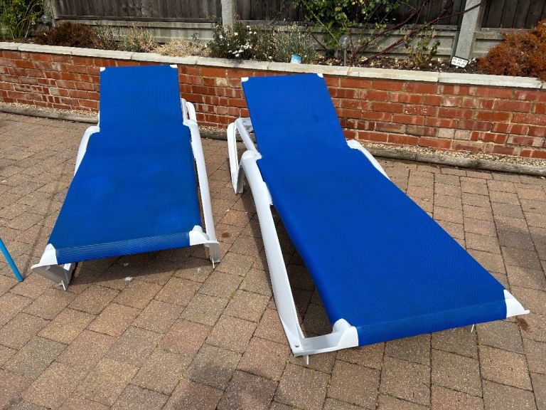Pair of Blue and White Plastic Sun Loungers – Good Condition