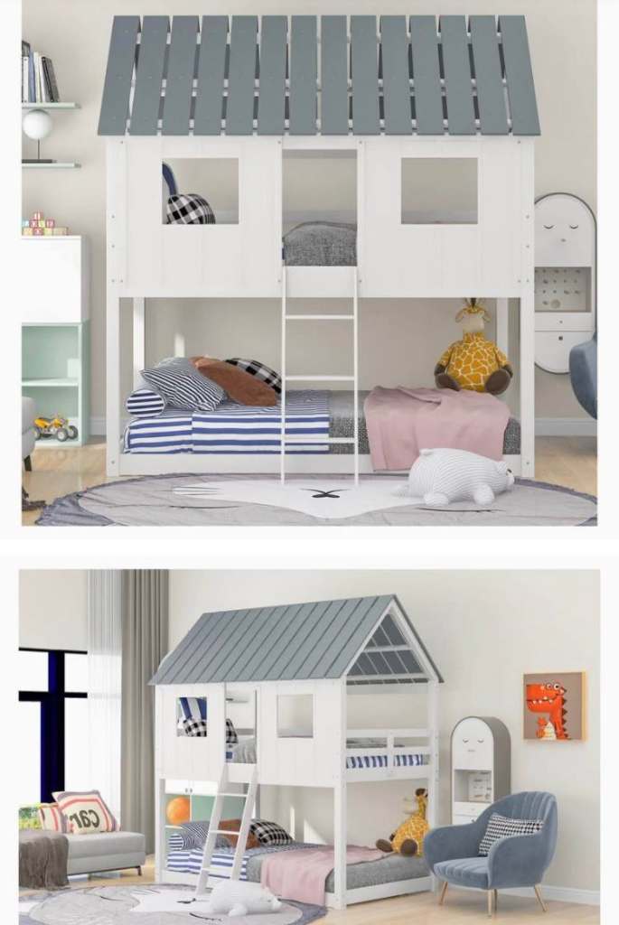 Kids House-Shaped Bunk Bed with Ladder – White Wood, £150.00 for Sale
