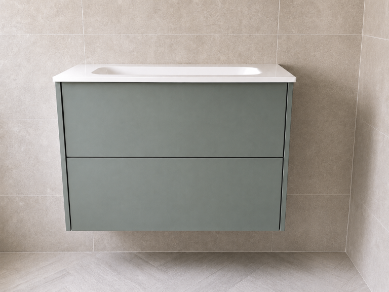 New Calypso 800 mm Wall Hung basin drawer unit in soft green for assembly