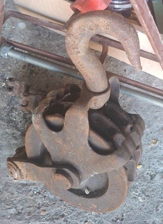 Vintage car engine hoist hook pulley metal