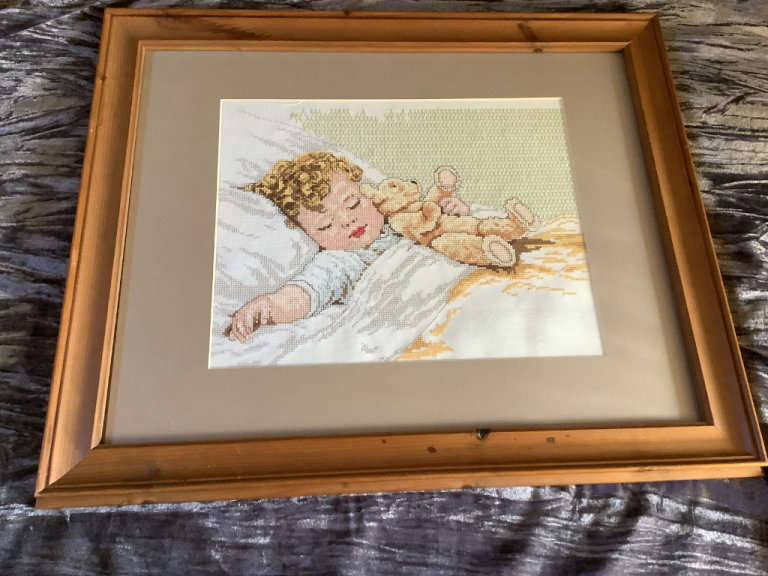 Large Wooden Framed Cross Stitch Sleeping Baby & Teddy