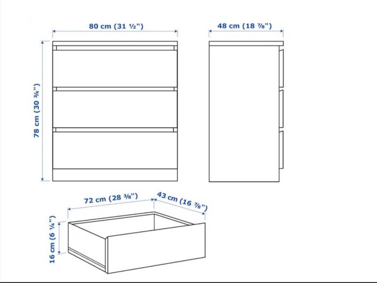 New Ikea MALM Chest of 3 drawers