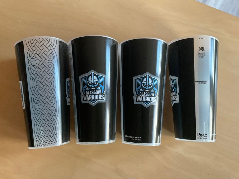 GLASGOW WARRIORS REUSABLE PLASTIC PINT GLASSES (6N Rugby Union Scotland URC Stackable Beer Cups)