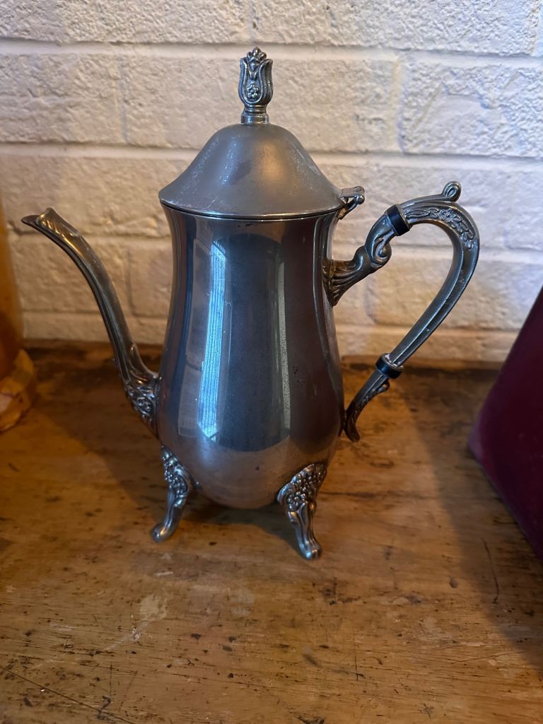Vintage Silver Plated Coffee Pot with Raised Ornate Design & Swan Neck Spout VGC