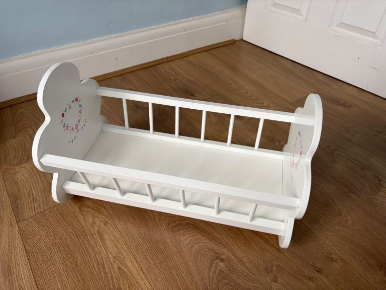 Wooden Dolls Crib and High Chair Set – White with Floral