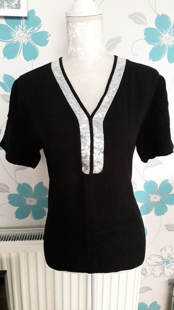 Womens Black Top With Silver Sequin Neck Detail.
