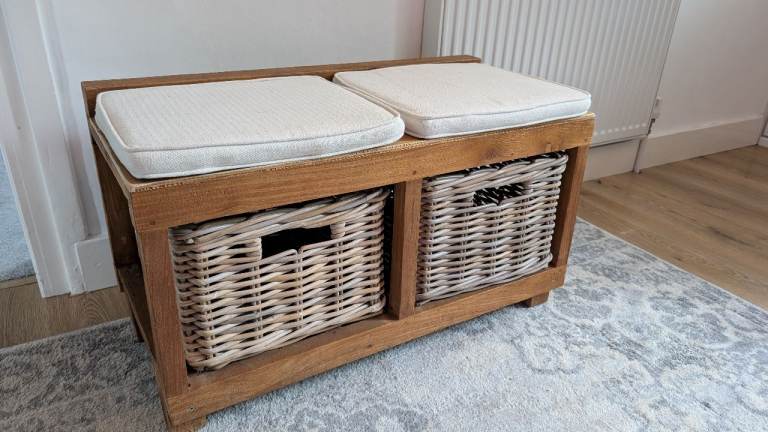 image for Wooden teak bench chair for shoe storage rattan stool furniture seat