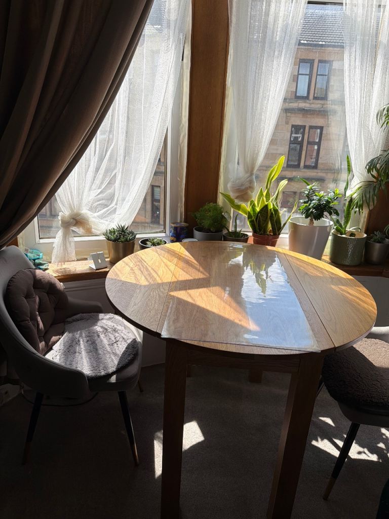 Dining Table, Small Drop Leaf Round Table, Solid Wood Oak  Folding Table