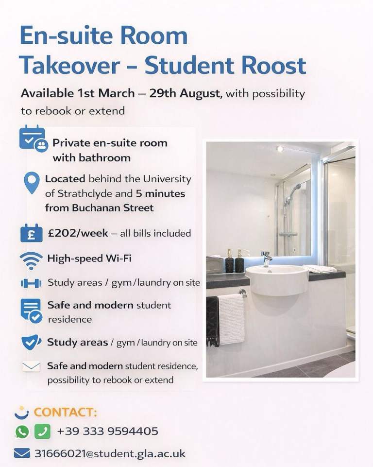 En-suite room near University of Glasgow – student takeover