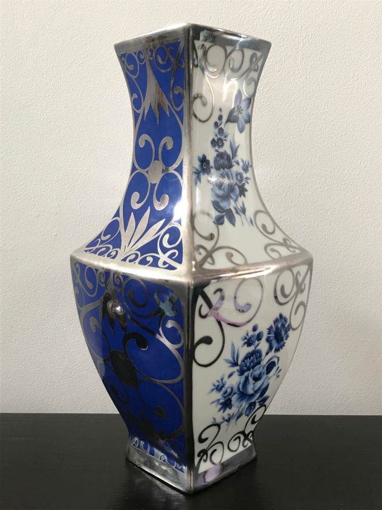 Square Vase in Blue White Silver