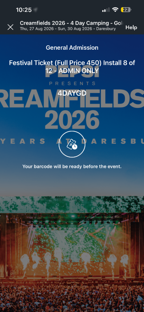 Creamfields 4DAY GOLD camping ticket 