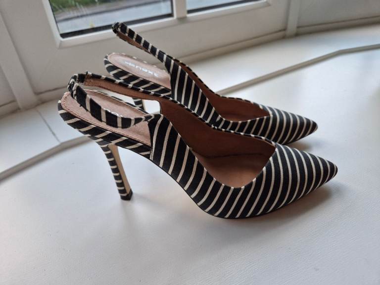 image for Black and White Striped Stiletto Slingback Heels from Next. Size 6. Excellent condition. 