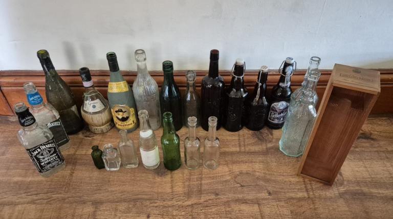 Job Lot of Various Old Glass Bottles and Wooden wine box