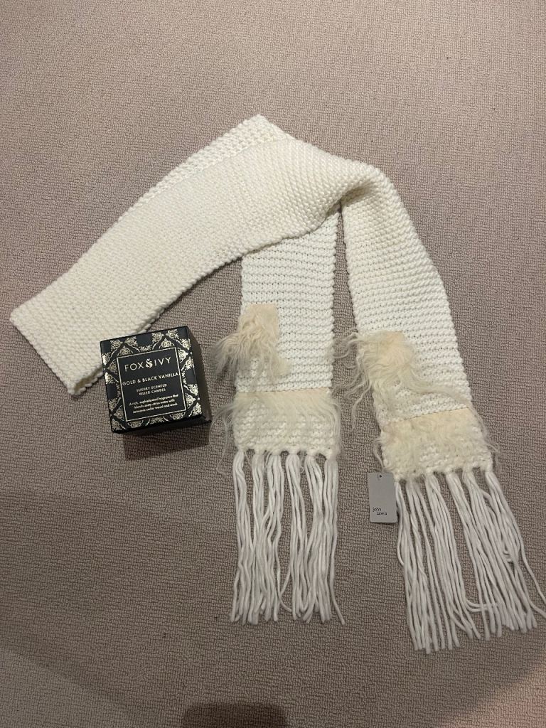 image for John Lewis Knitted cream scarf and Fox & Ivy scented candle. New