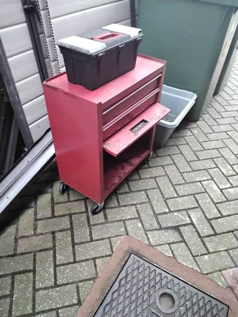 Metal tool box on wheels plus plastic tool box