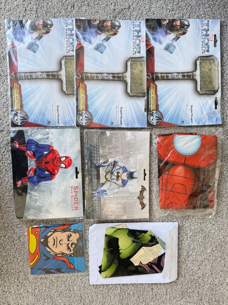 Superhero Balloon Set  - Thors Hammer, Batmen, Spiderman, Hulk, Superman