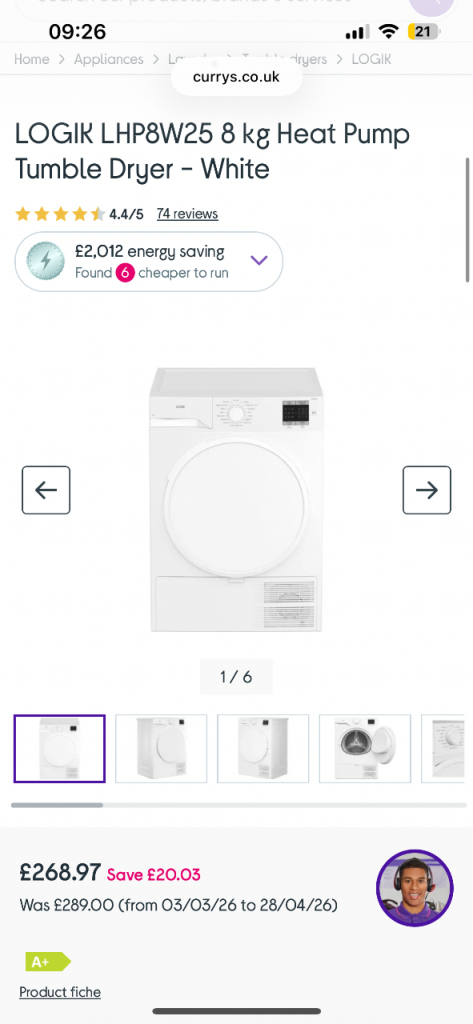 LOGIK LHP8W25 8kg White Heat Pump Tumble Dryer