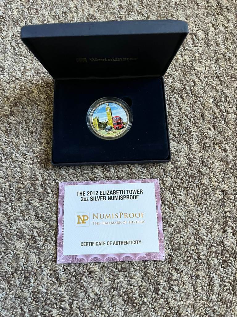 Silver Coin ELIZABETH TOWER London 2 OZ STERLING SILVER bullion NUMISPROOF WITH CASE and certificate