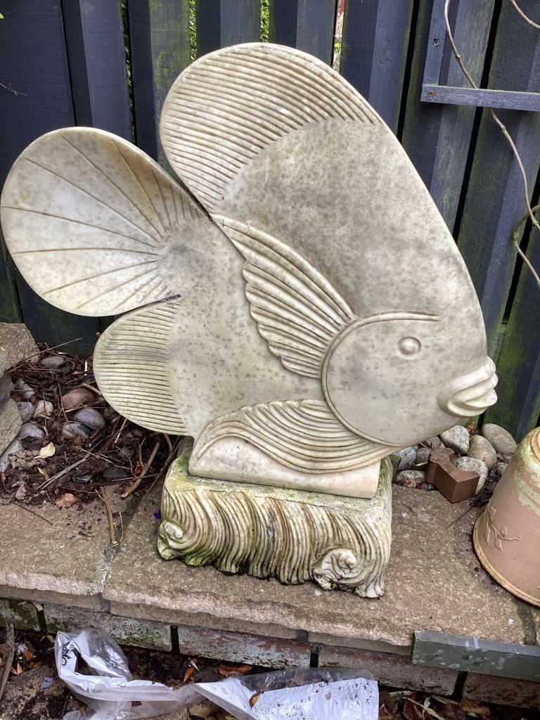 CRUSHED MARBLE FISH GARDEN STATUE , EXTREMELY HEAVY 