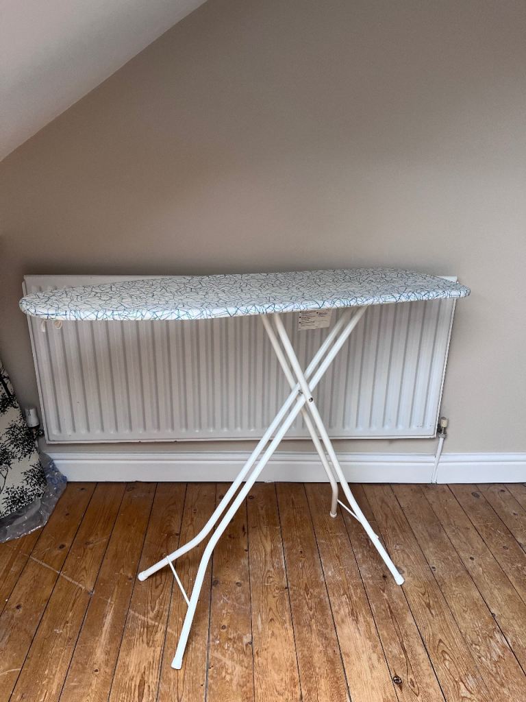 White Ironing Board with Patterned Cover – Good Condition