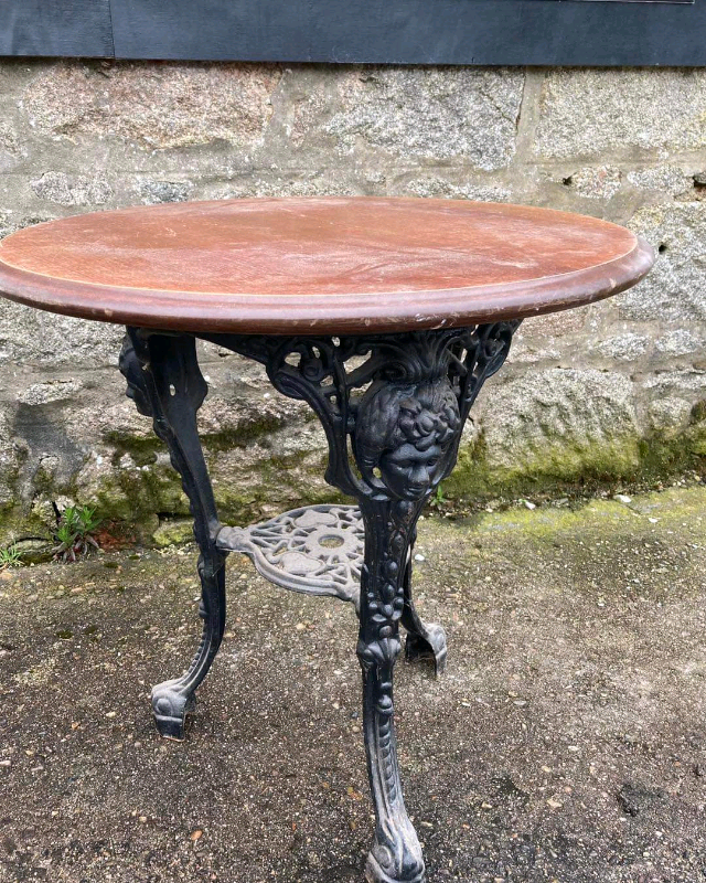 Traditional Cast Metal Pub Table With Ornate Metal Pedestal Base and Oak Top.