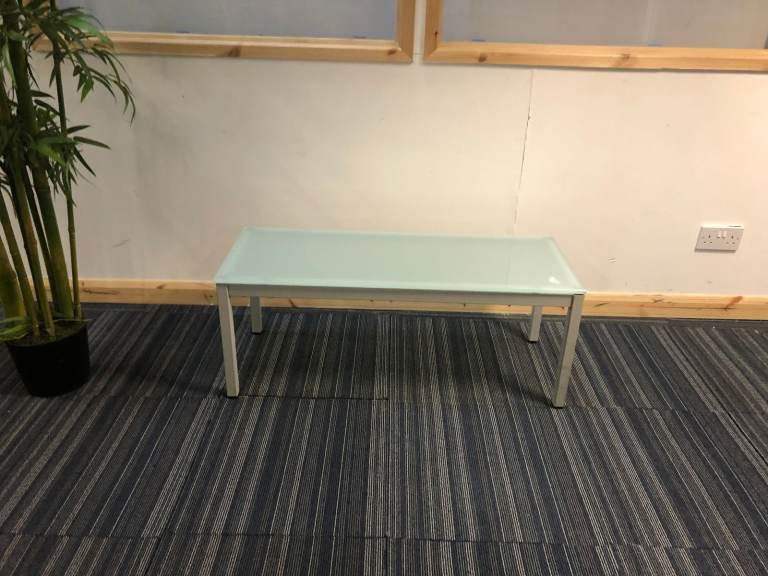 98cm x 38cm Blue hued glass rectangle office reception waiting breakout area coffee tables