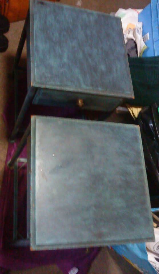 2 X GREEN METAL/WOOD SIDE TABLES