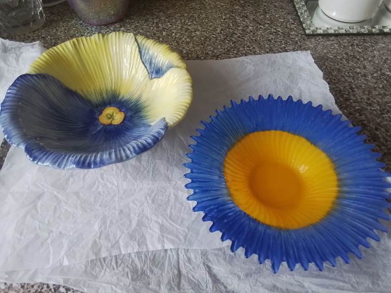 Decorative Bowls x 2 - Yellow & Blue, Ceramic & Glass