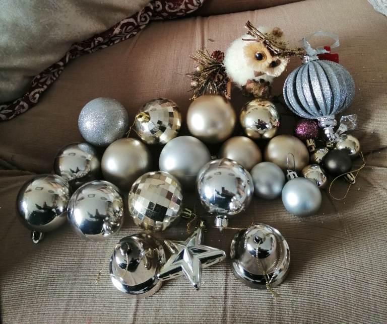 Xmas decorations silver baubles and Owl 