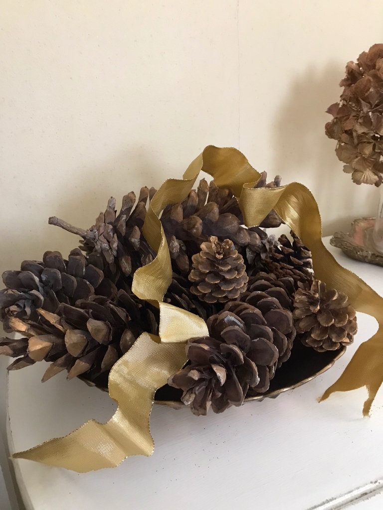 Christmas Cones with Gold Dish & Ribbon