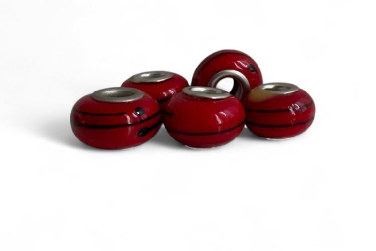 5 Red glass beads with black stripes - ideal for charm bracelet, necklace or earrings
