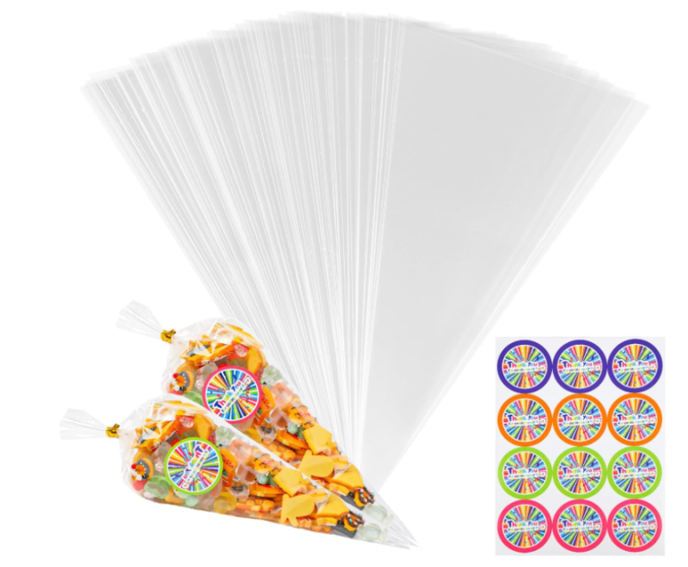 500 Sweet Cones / clear cellophane bags with stickers and ties NEW