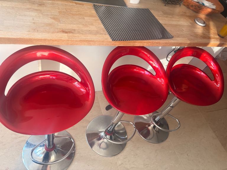 Set of 3 Red Bar Stools with Chrome Base – Good Condition