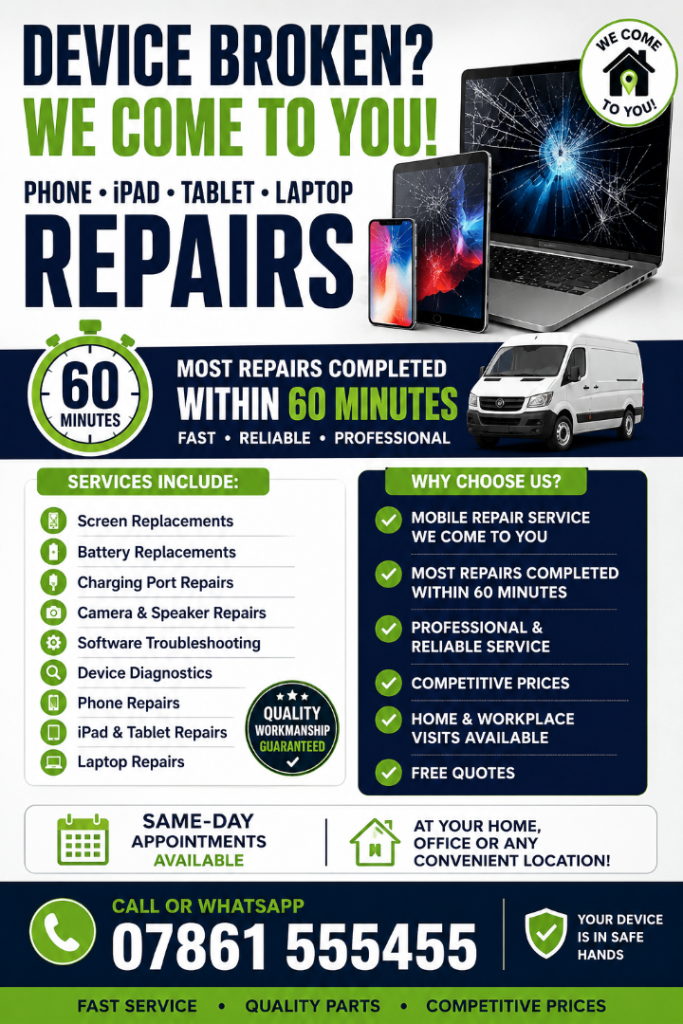 Fast & Professional Repairs for Phone, iPad, Tablet and Laptop