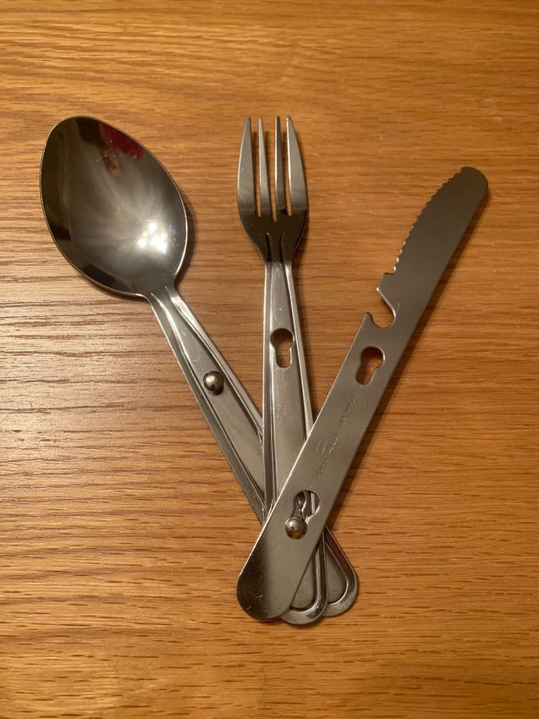 3 piece cutlery set, stainless steel, camping, festivals, hiking etc