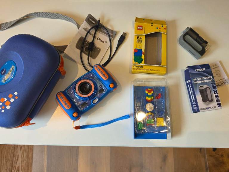 V tech kid zoom camera , carry case & lego classic watch & pocket microscope