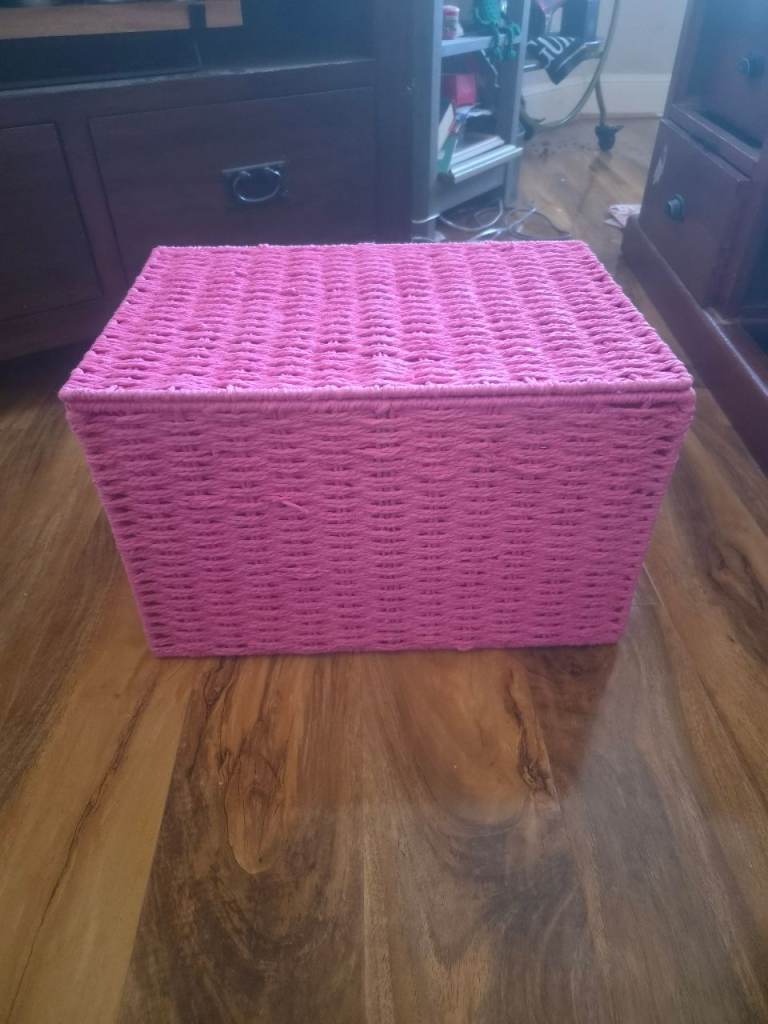 Handwoven Pink Storage Basket with handles & lid