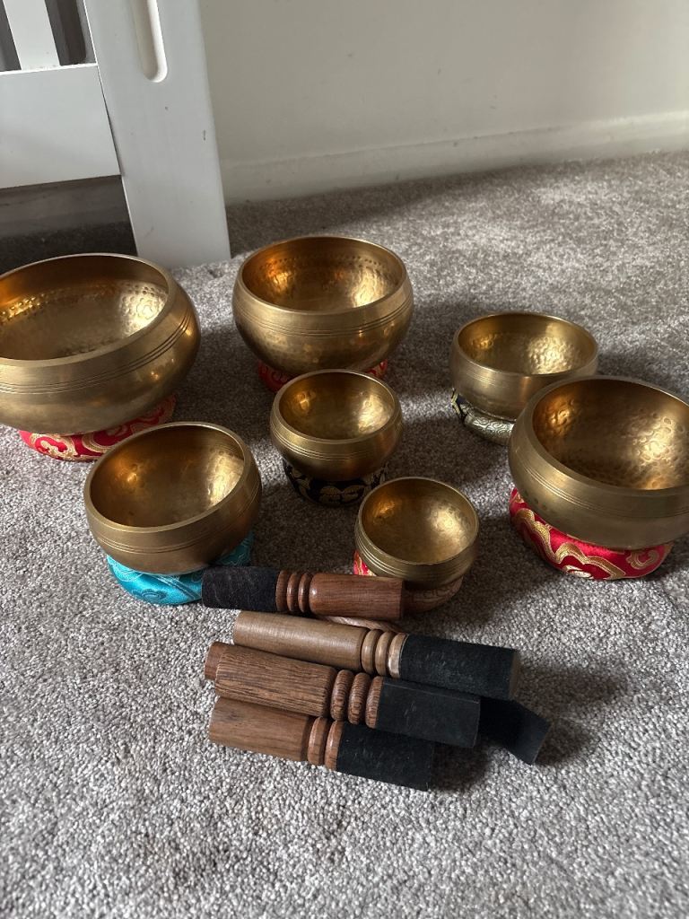 Set of 7 Brass Singing Bowls with Mallets and Cushions