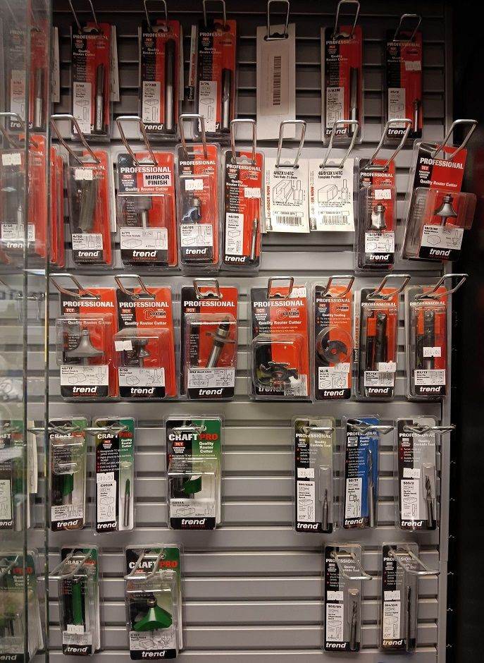 Full cabinet contents of new trend router cutters Prices from £12 and upwards 