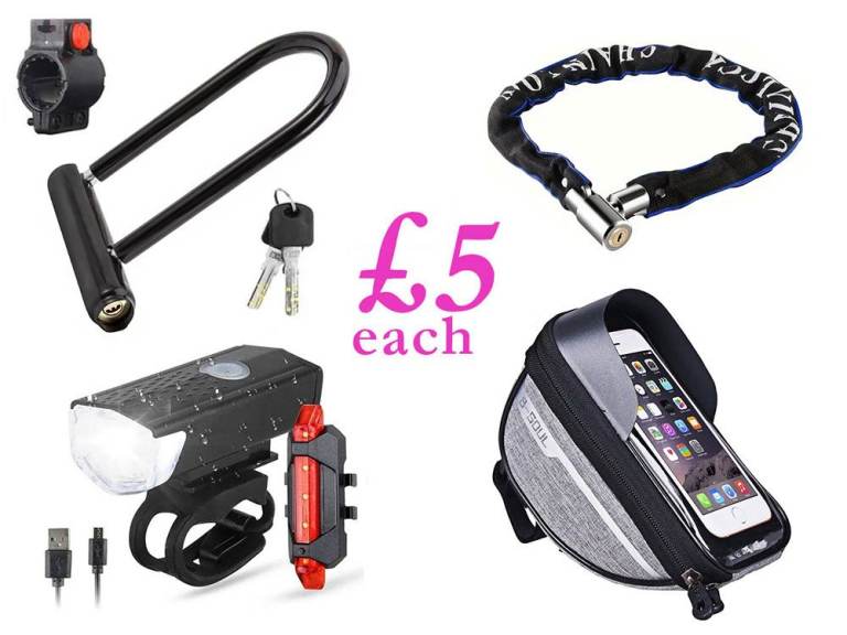 Bicycle Accessories - Smartphone Holder, LED Head & Rear Lights, Chain Lock & Metal U-Lock, £5 Each