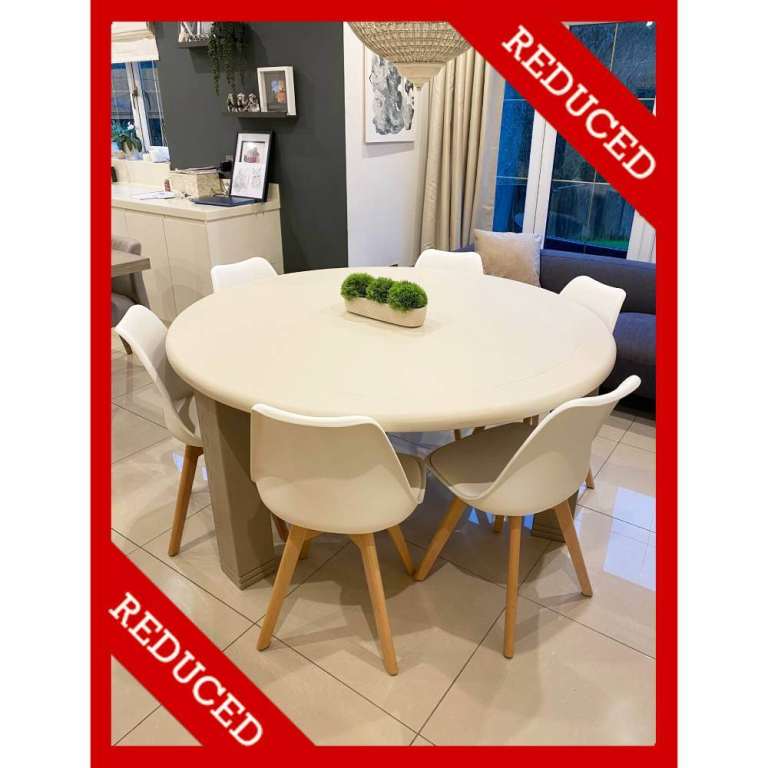 NEW Round Oak Dining Table Cream Large 6 Chairs Six Kitchen Coach House Family Furniture RRP £2,035